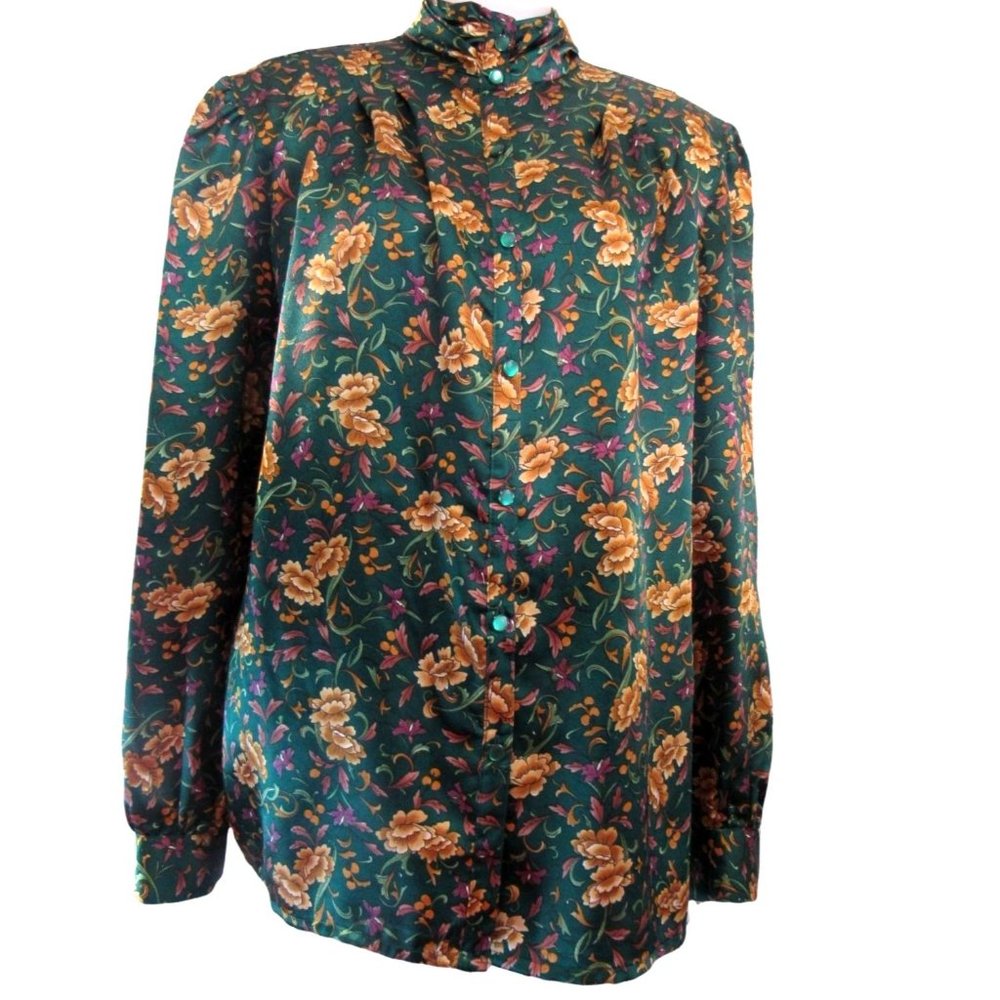VINTAGE RUSS Green Gold Silky Floral Dark Academia Secretary Blouse - Plus 14